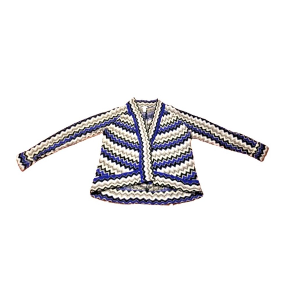 CHICO'S Cardigan Sweater Sz 2 US Large 12 Blue Black Gray Ivory Chevron Striped
